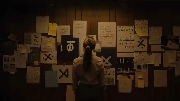 L'agent Lee Harker en face d'un mur de symboles codés.